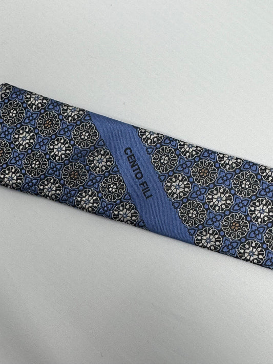 Zegna Cento Fili Silver Blue Floral Mens Tie