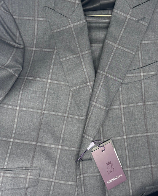 Bartorelli Mens Wool Suit Grey Maroon Plaid Peak Lapel BA13215-2