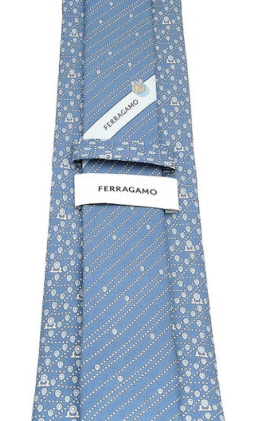 Ferragamo Men's Sky Blue Tag Print Silk Tie Gancini FR0032