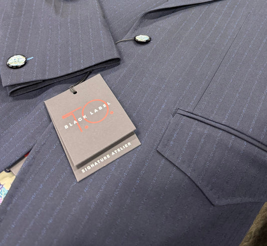 Close up navy pinstripe fabric T.O. Black Label