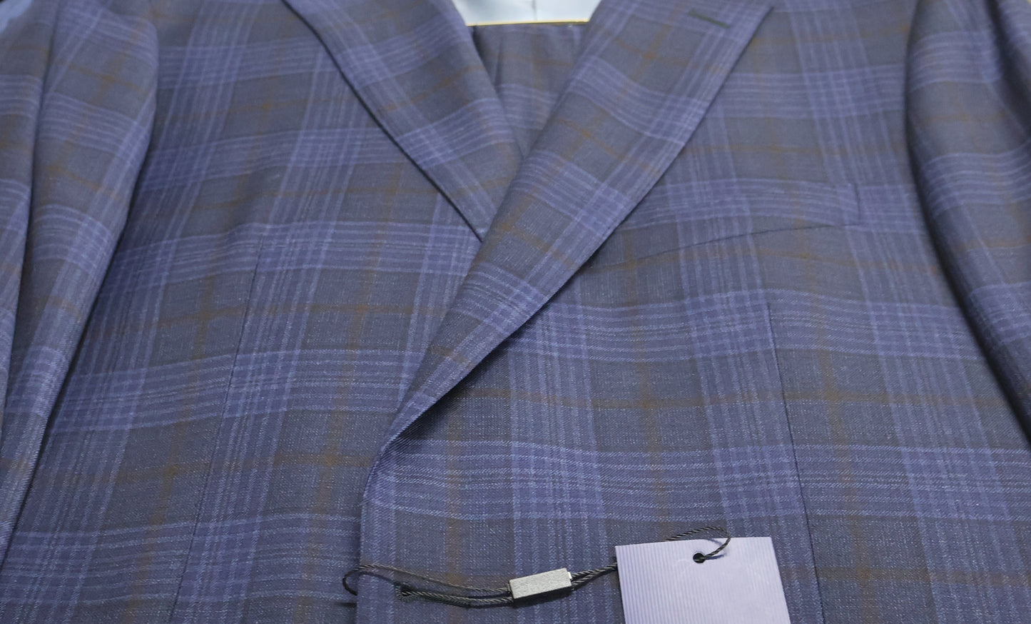 Bartorelli navy plaid wool suit lapel detail slim fit tailored jacket