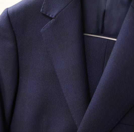 Centrion Mens Blue Wool Suit-Subtle Navy Thick Stripe Pattern