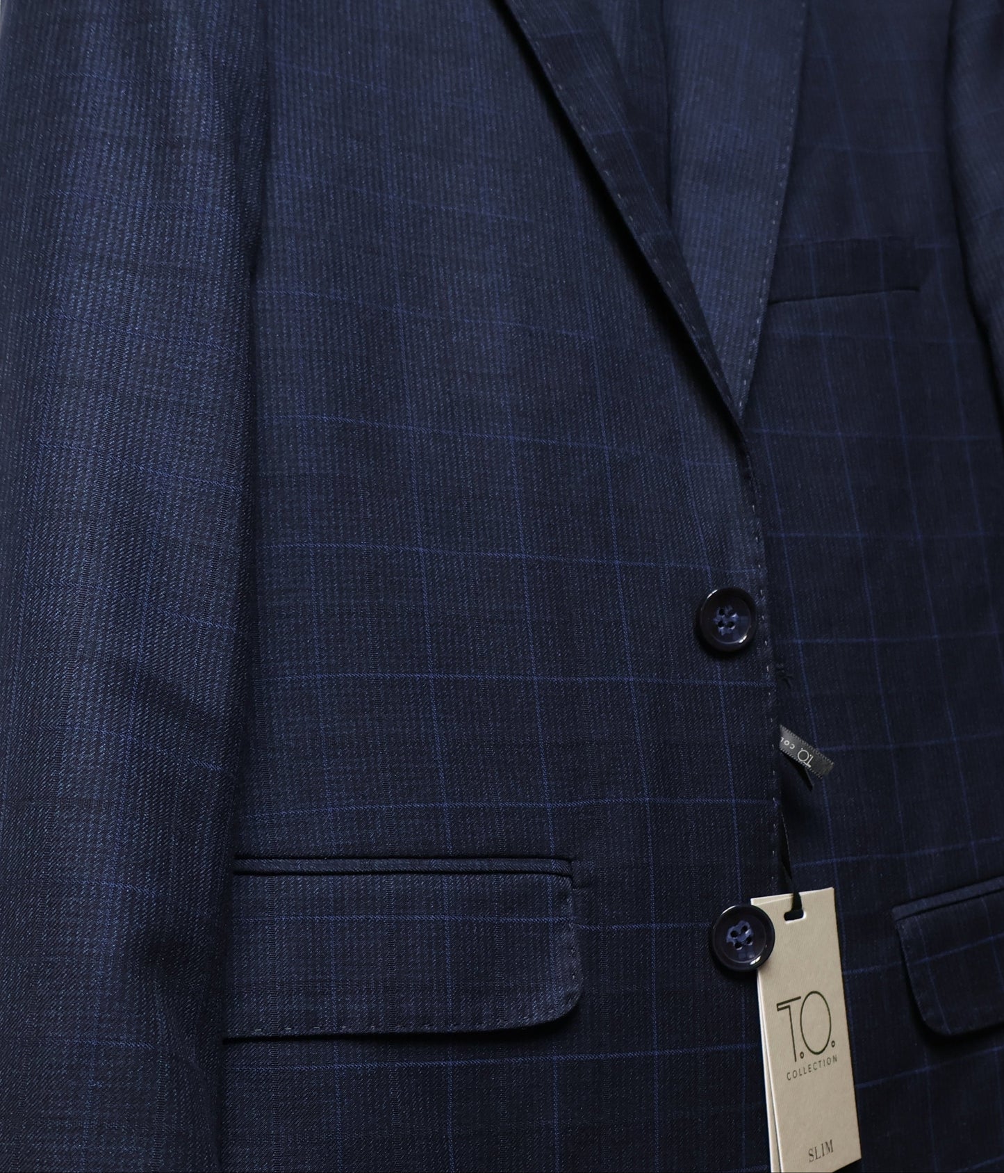 T.O. Boys T4A7383 navy windowpane suit jacket lapel and pocket detail