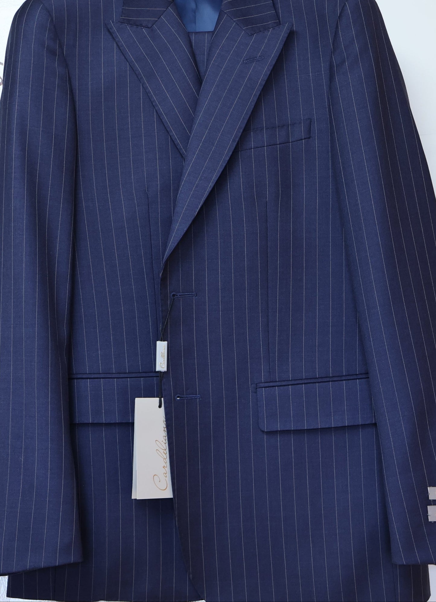 Cardeliano Boys Navy Wool Peak Lapel Suit-Gold Pinstripes Pattern