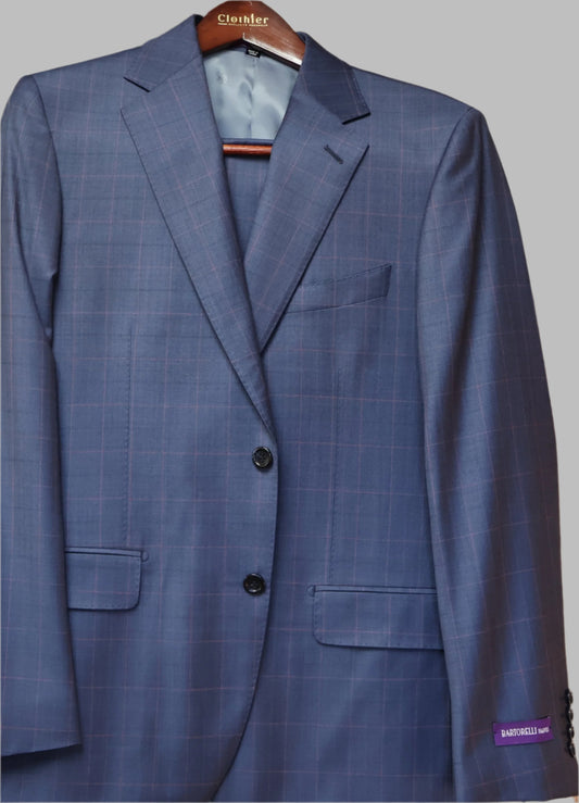 Bartorelli Napoli Men’s Light Blue Wool Suit-Pink Windowpane Pattern