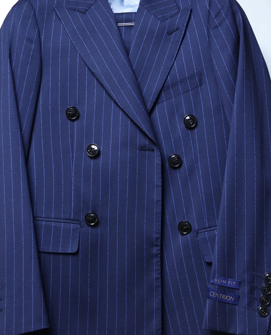 Centrion Boys Navy Wool Double Breasted Suit-Blue Pinstripes