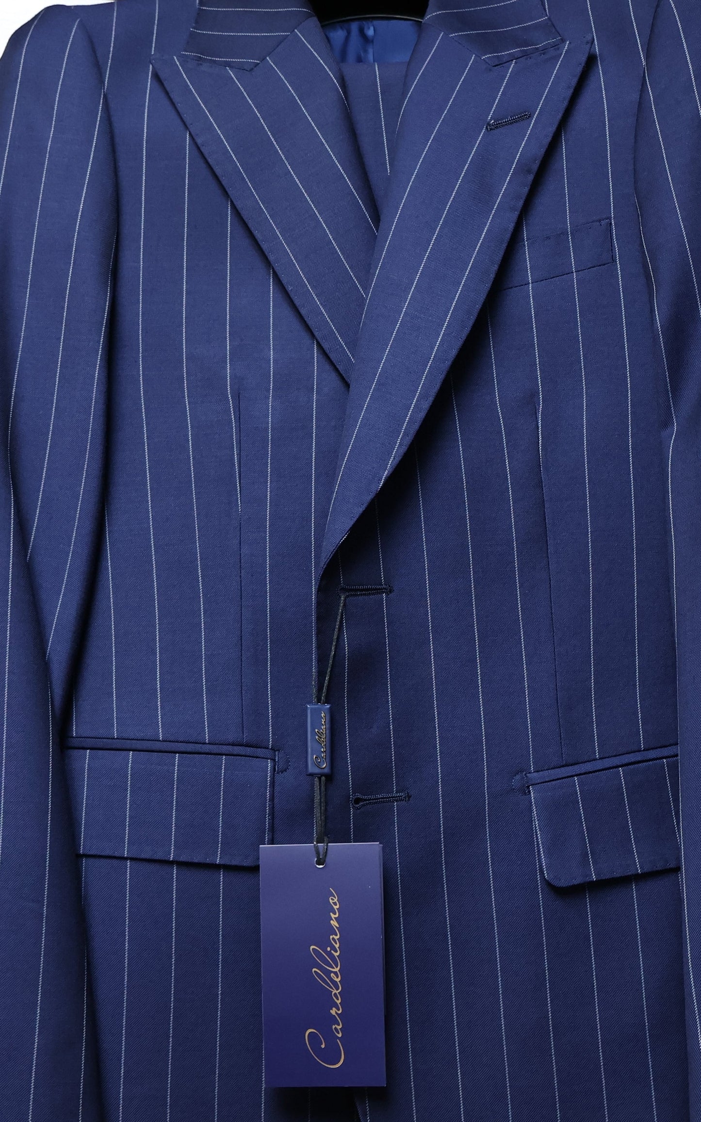 Cardeliano Boys Navy Wool Peak Lapel Suit-White Pinstripes