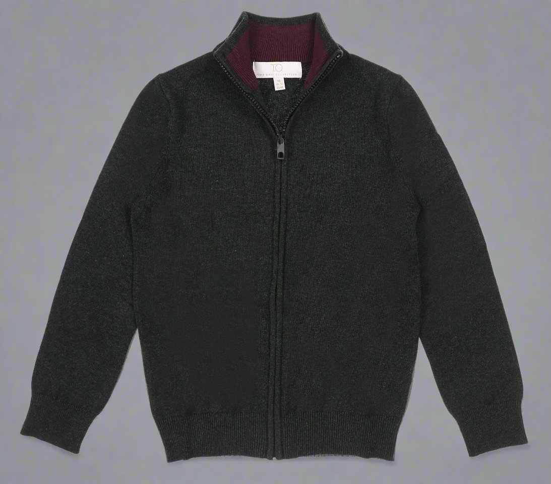 TO Boys Full Zip Cotton Sweater-Charcoal