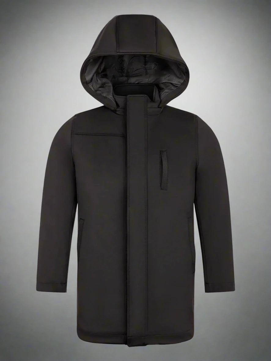 T.O. Men’s Jackson Black Down-Filled Puffer Coat with removable hood, front view
