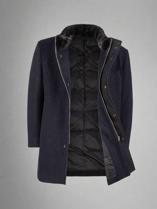 Mens Lincoln Duck Down Filled Wool Winter Coat-Navy