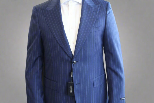 Centrion Mens Blue Wool Peak Lapel Suit-Blue Pinstripes Design