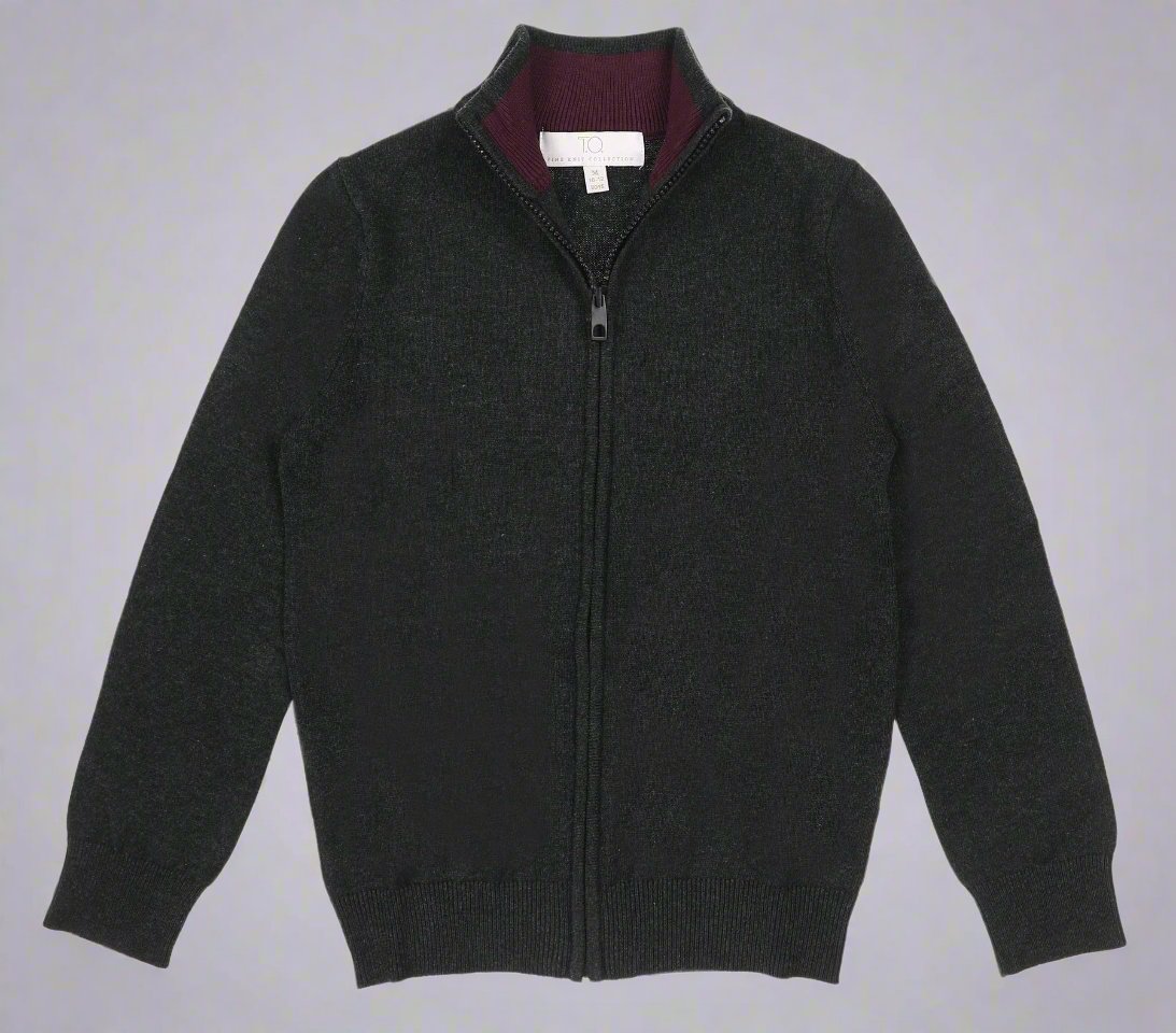 TO Men's Full Zip Cotton Sweater-Charcoal