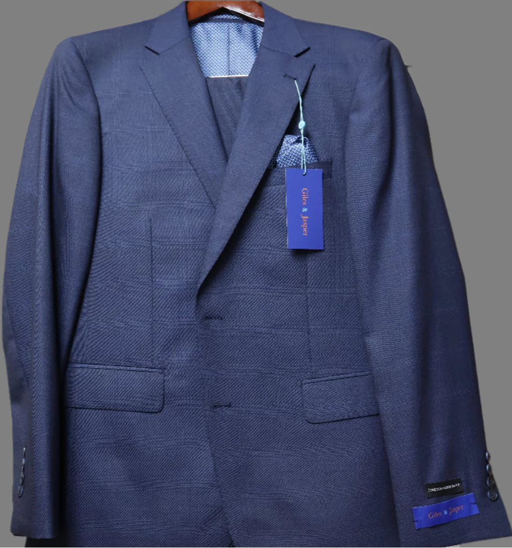 Giles & Jasper Mens Navy Wool Stretch Suit-Blue Plaid 124245