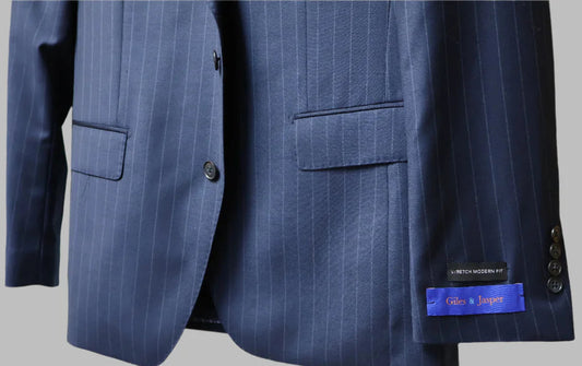 Giles & Jasper Mens Ocean Navy Wool Stretch Suit-Pinstriped 223632