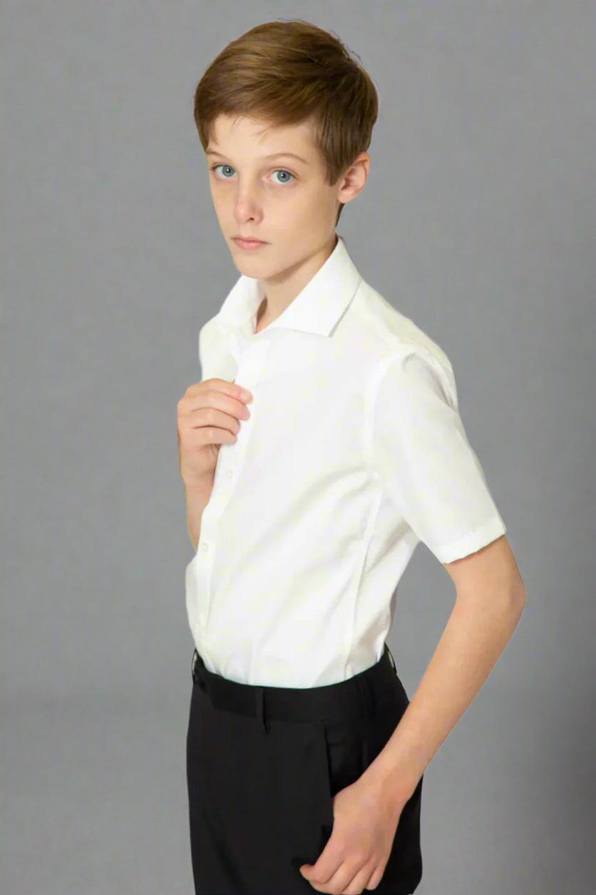 TO Boys Short Sleeve Stretch White Shirt-Twill Weave