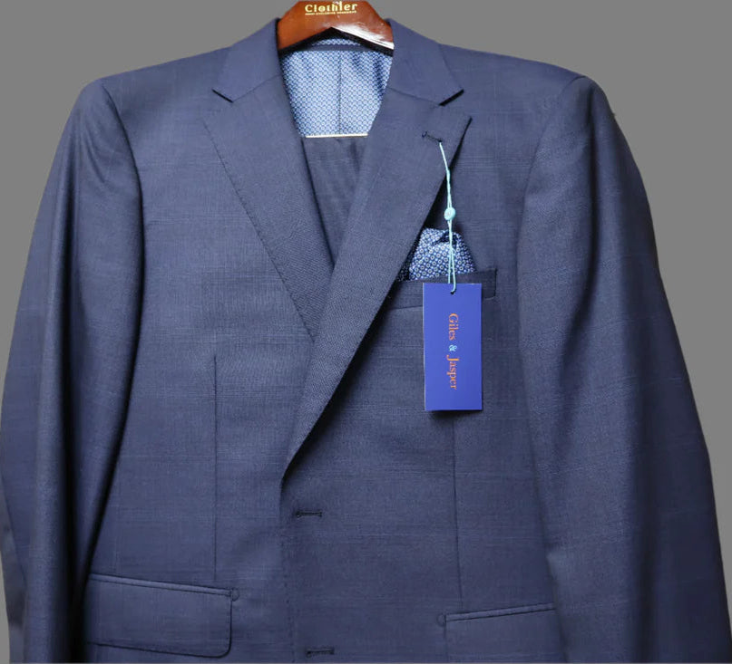 Giles & Jasper Mens Navy Wool Stretch Suit-Blue Plaid 124245