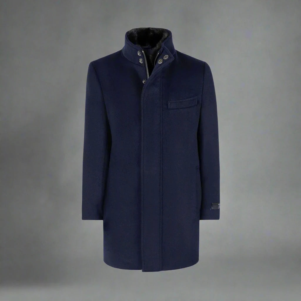 Lincoln Boys’ navy wool and duck down three-quarter-length winter overcoat front view