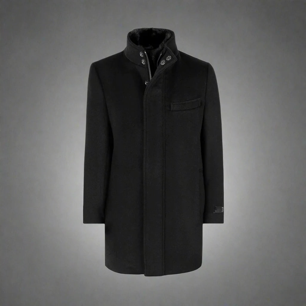 Lincoln Boys’ black wool and duck down three-quarter-length winter overcoat front view