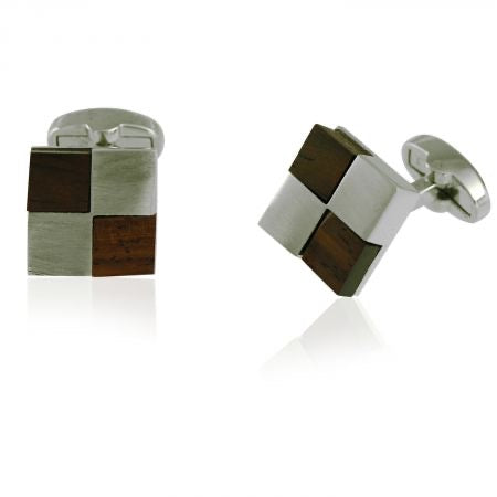 Square Wood Checker Cuff Links