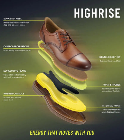 Exploded view of a brown leather Highrise dress shoe highlighting its cushioned insole, flexible sole, stabilized heel, and comfort features.