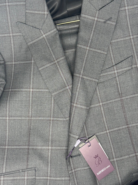 Bartorelli Mens Wool Suit Grey Maroon Plaid Peak Lapel BA13215-2
