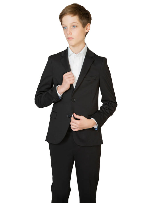young boy waring a dark black textured 9131-1 soho stretch blazer 