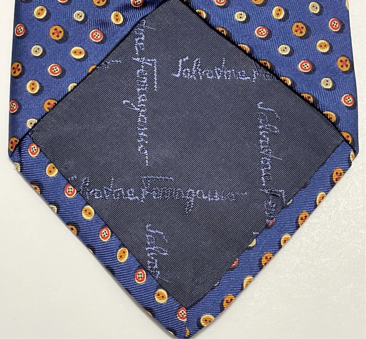 Ferragamo Blue Silk Tie  Geometric Button Design