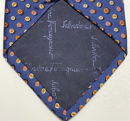 Ferragamo Blue Silk Tie  Geometric Button Design