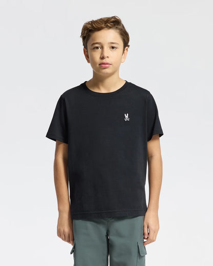 Boy wearing Psycho Bunny Kids Classic Crew Neck T-Shirt in black front view