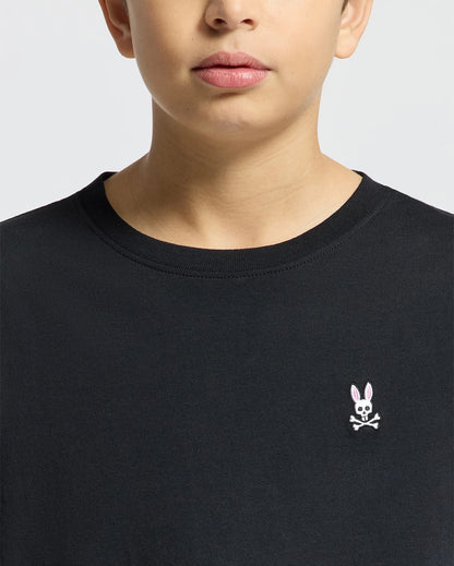 Close-up of Psycho Bunny Kids black T-shirt neckline and embroidered logo