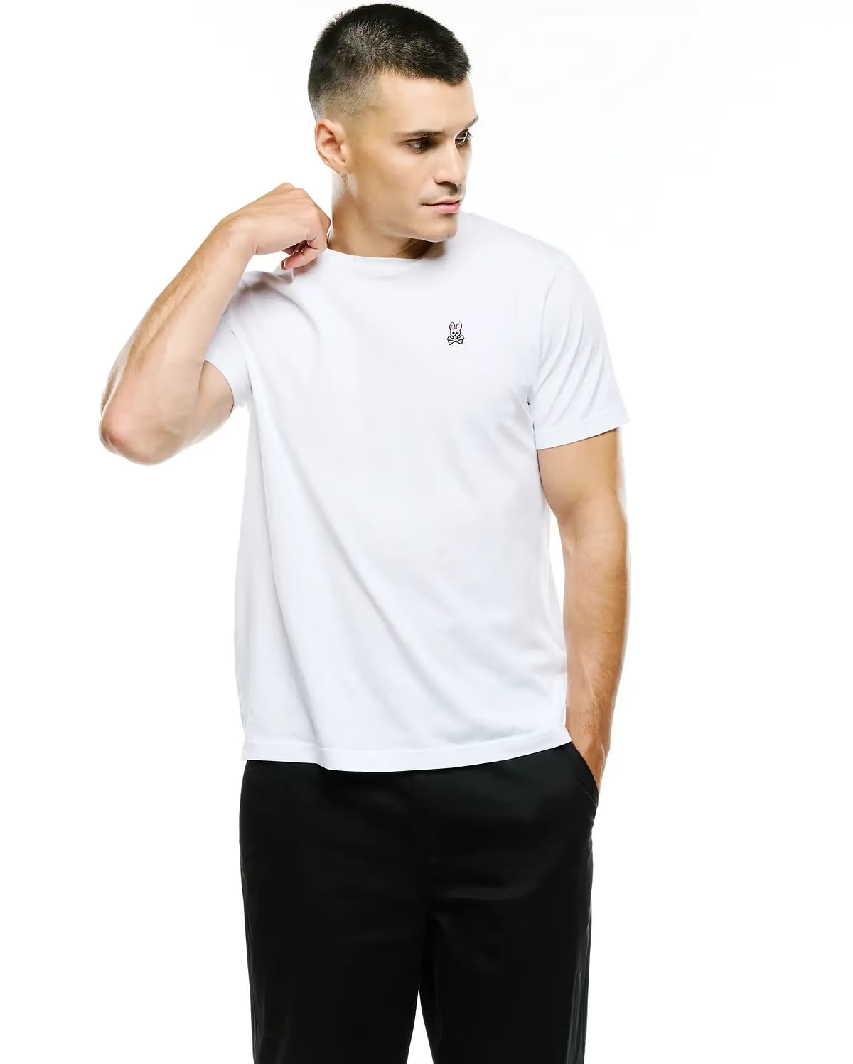 Model wearing psycho bunny white crew t shirt