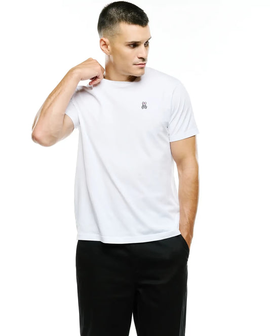 Model wearing psycho bunny white crew t shirt