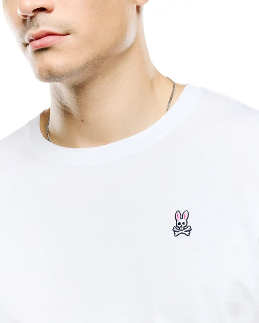 close up of model wearing psycho bunny white crew t shirt