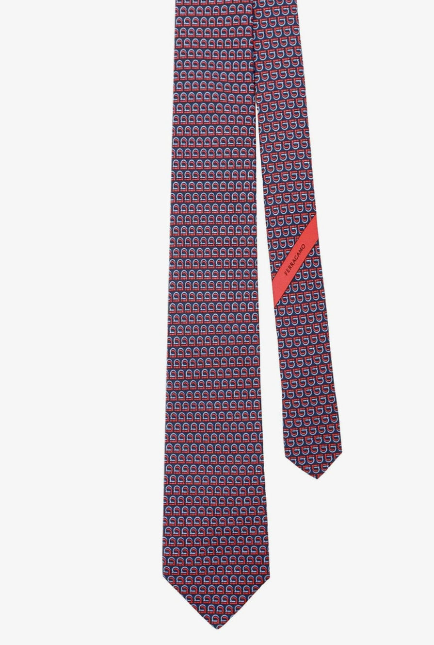 Ferragamo silk tie navy red Gancini print full length view