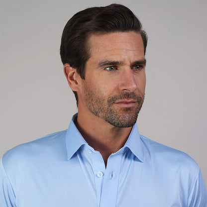 Collars & Co men's sky blue long sleeve shirt close up collar and upper fit clean modern style
