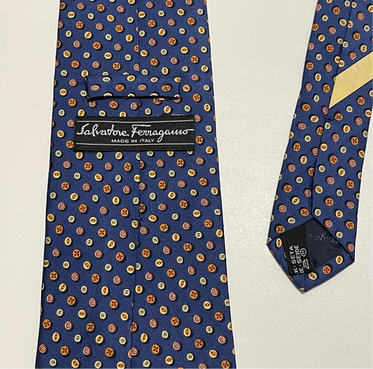 Ferragamo Blue Silk Tie  Geometric Button Design