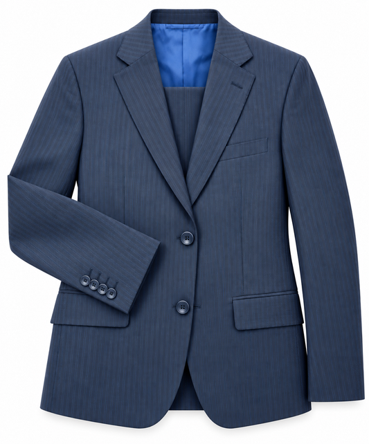 A navy blue pinstripe blazer with a bright blue satin-like lining visible inside the collar, displayed on a clean white background.