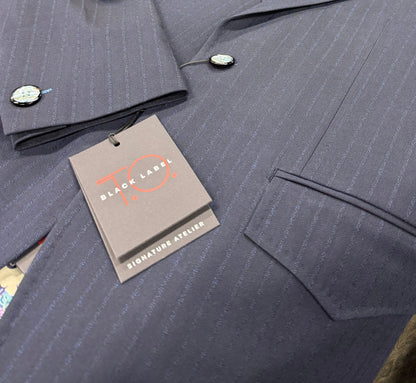 Close up navy pinstripe fabric T.O. Black Label 