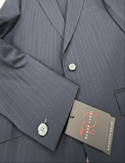 Slim fit boys navy pinstripe suit jacket button detail