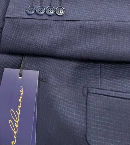 Dark navy suit jacket with a visible brand tag 