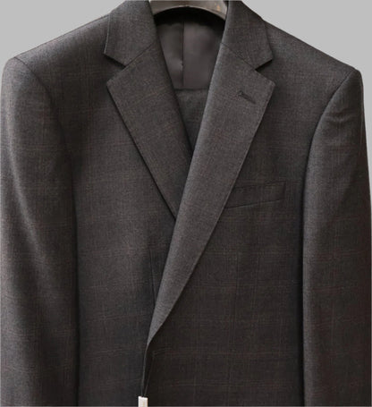 Cardeliano Mens Charcoal Wool Suit -burgundy Plaid Pattern 