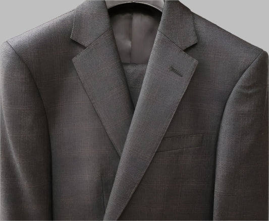 Cardeliano Mens Charcoal Wool Suit -burgundy Plaid Pattern 