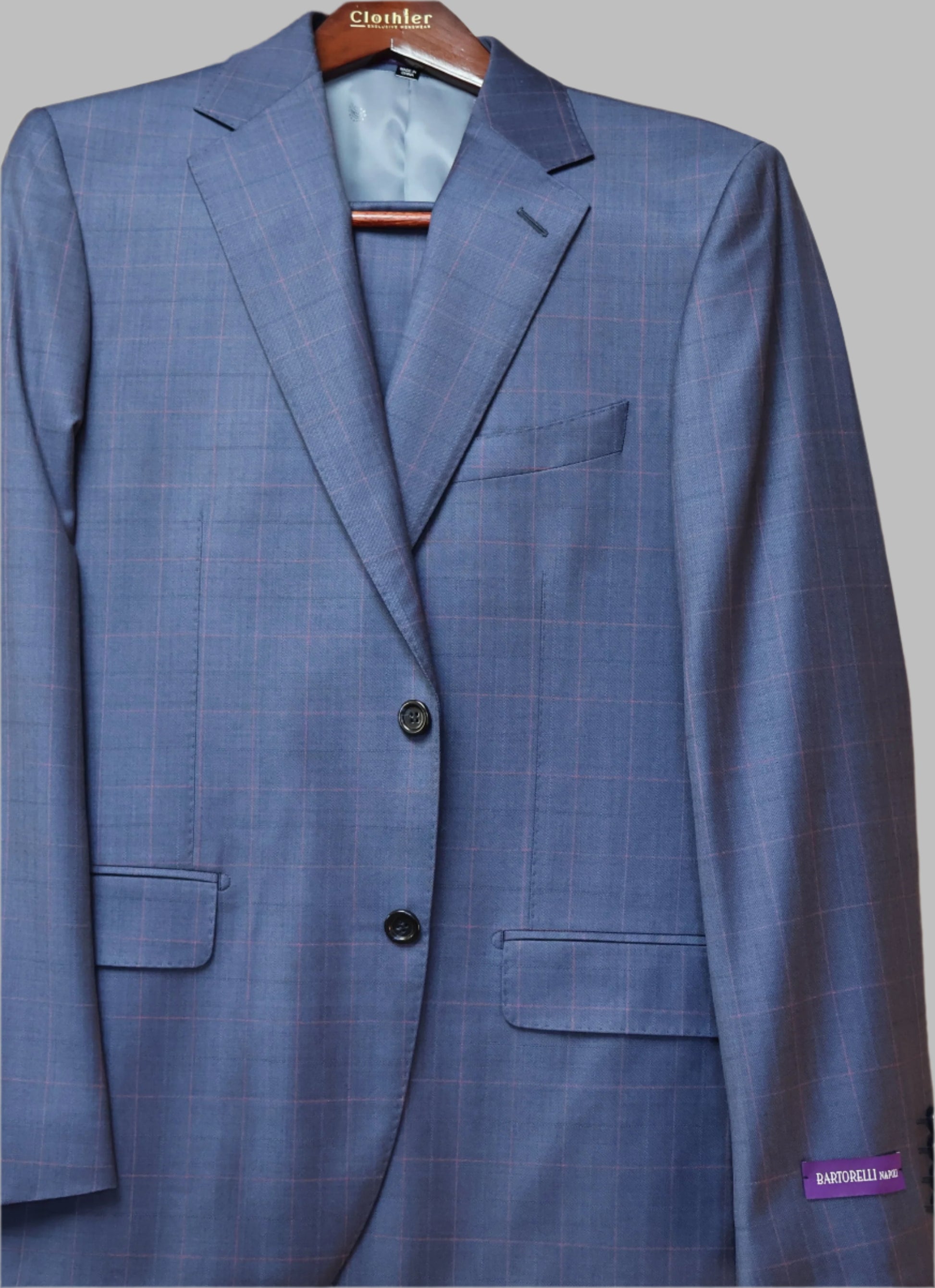 Bartorelli Napoli Men’s Light Blue Wool Suit-Pink Windowpane Pattern 