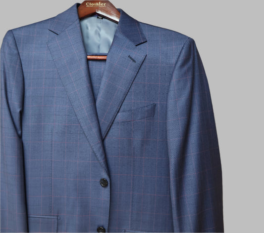 Bartorelli Napoli Men’s Light Blue Wool Suit-Pink Windowpane Pattern 