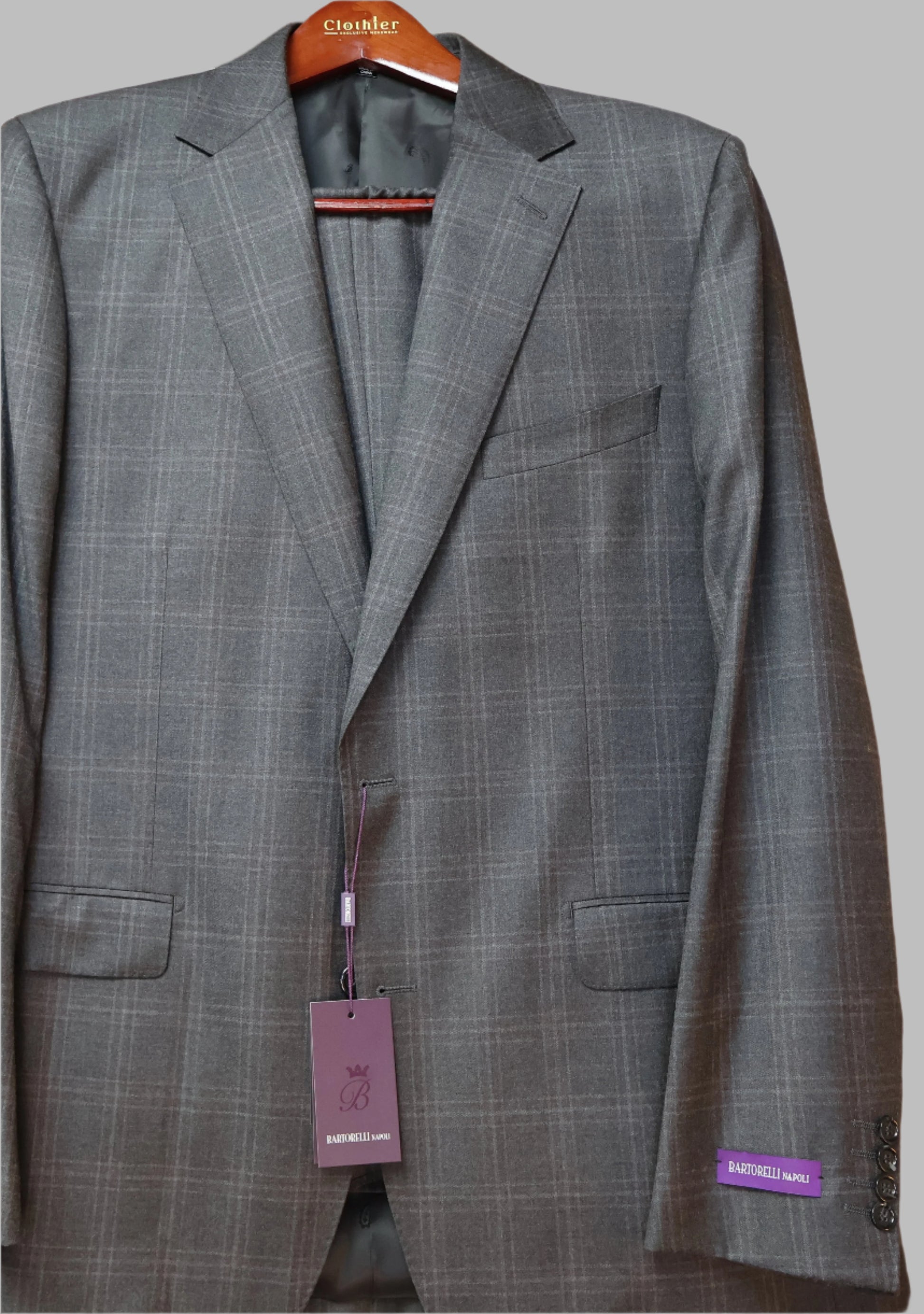 Bartorelli Napoli Men’s Charcoal Wool Suit-Windowpane Pattern 