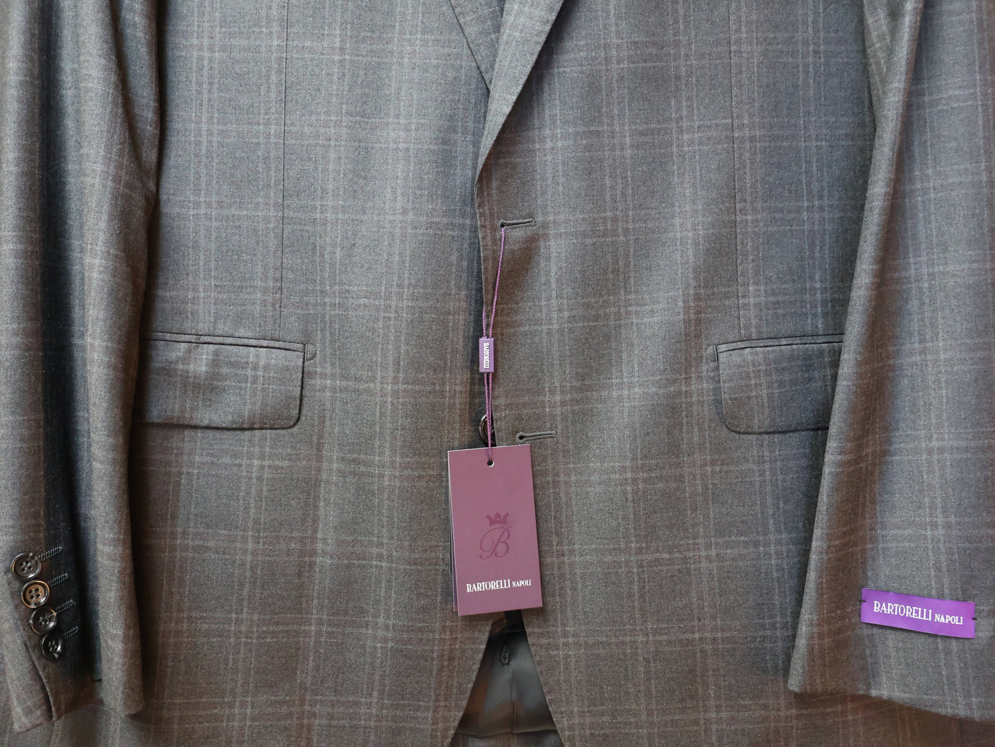 Bartorelli Napoli Men’s Charcoal Wool Suit-White And Red Plaid Pattern BAE51632-1