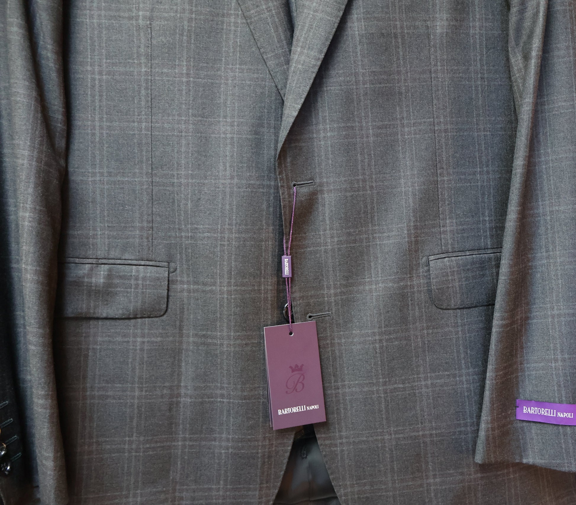 Bartorelli Napoli Men’s Charcoal Wool Suit-Windowpane Pattern 