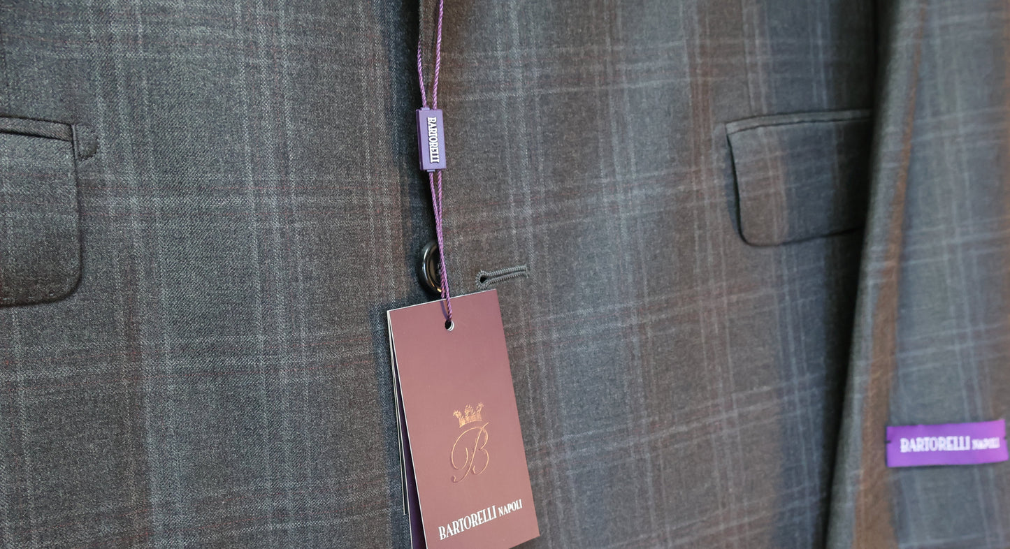 Bartorelli Napoli Men’s Charcoal Wool Suit-Windowpane Pattern 