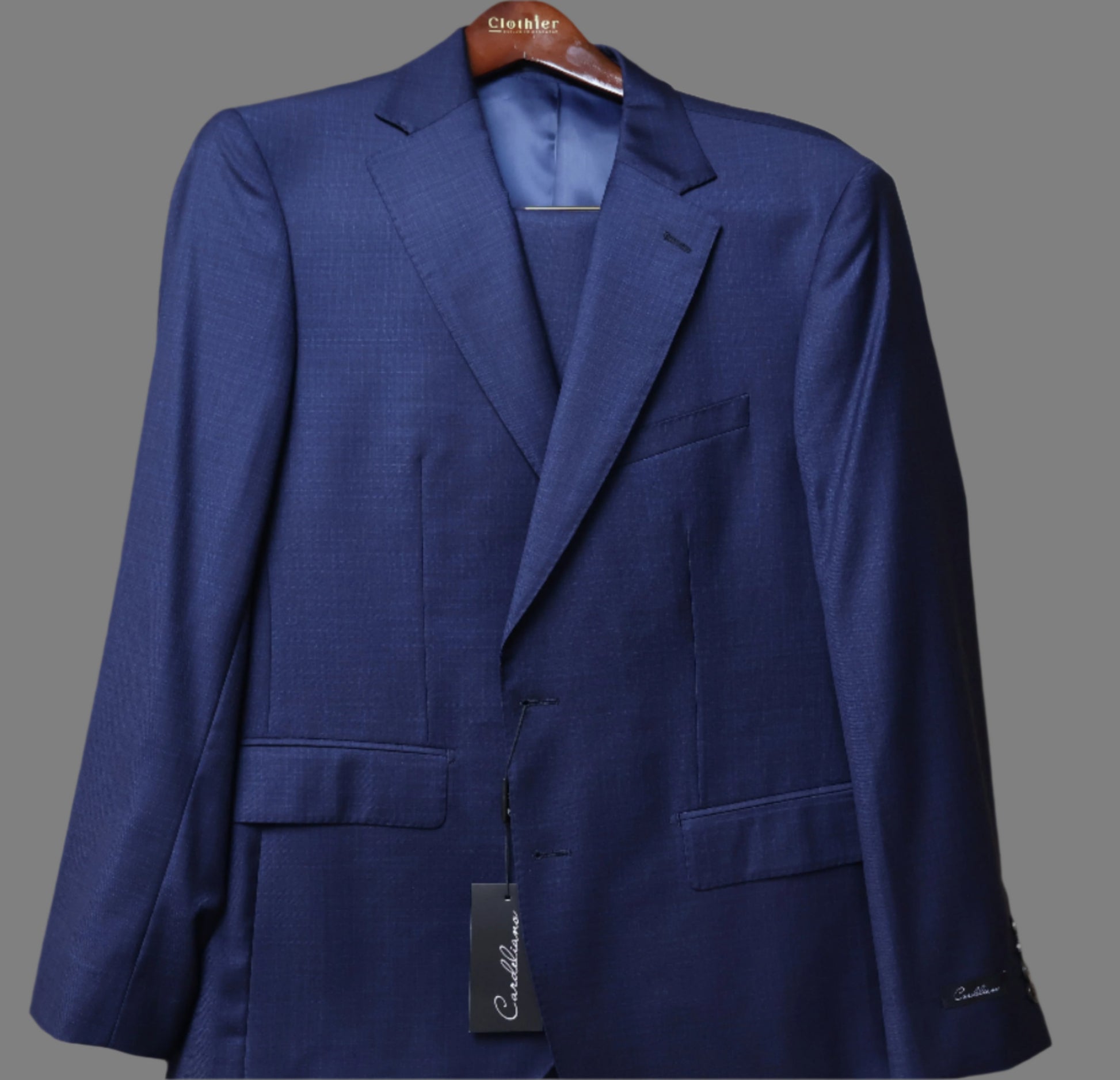 Cardeliano Mens Black Wool Suit-Blue Small Check Pattern 