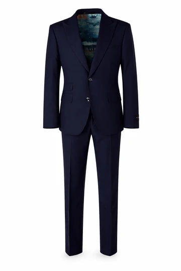 A dark navy blue two-piece suit displayed on a headless mannequin against a plain white background.